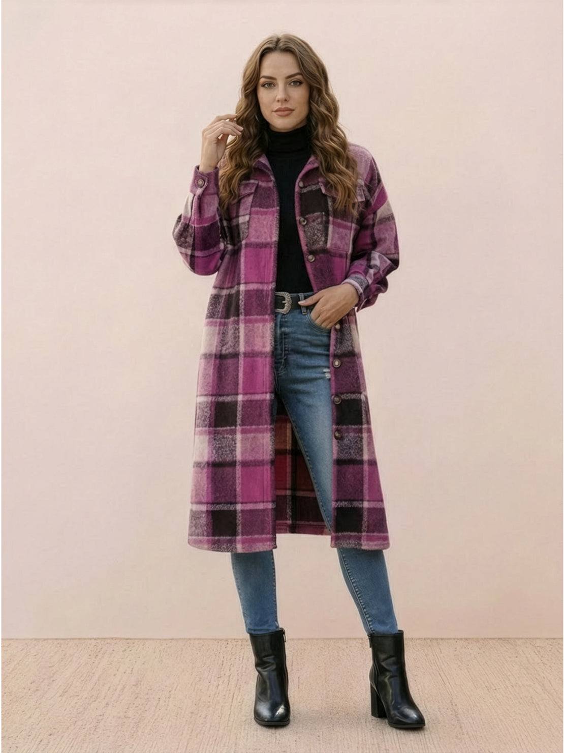 Oversized Long Plaid Shirt Jacket