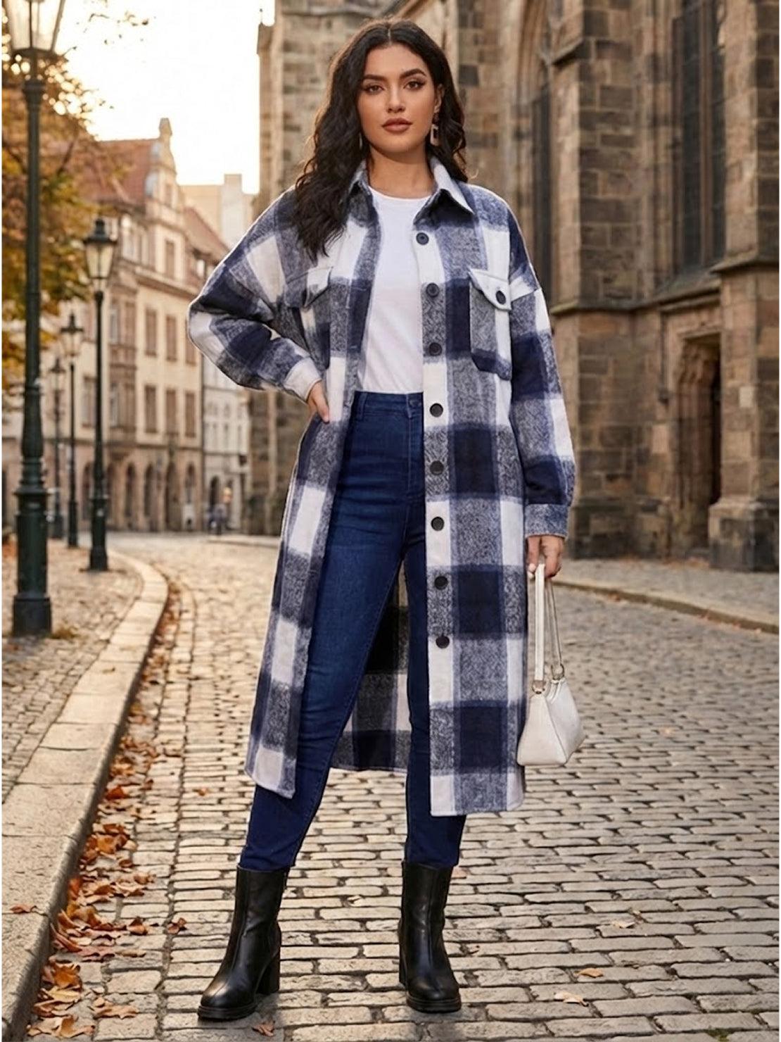 Oversized Long Plaid Shirt Jacket