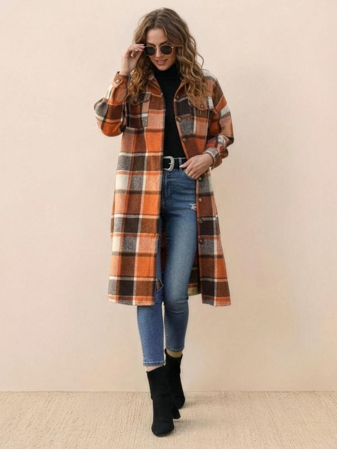 Oversized Long Plaid Shirt Jacket
