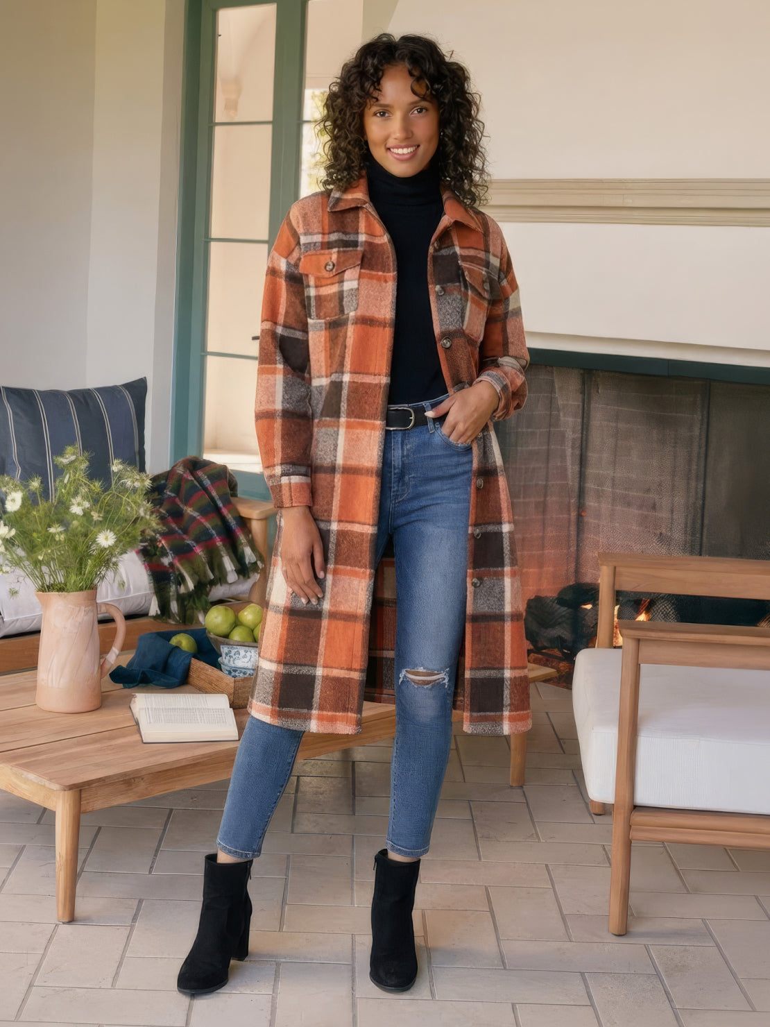 Oversized Long Plaid Shirt Jacket