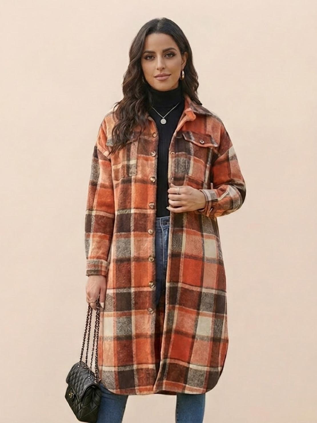 Oversized Long Plaid Shirt Jacket