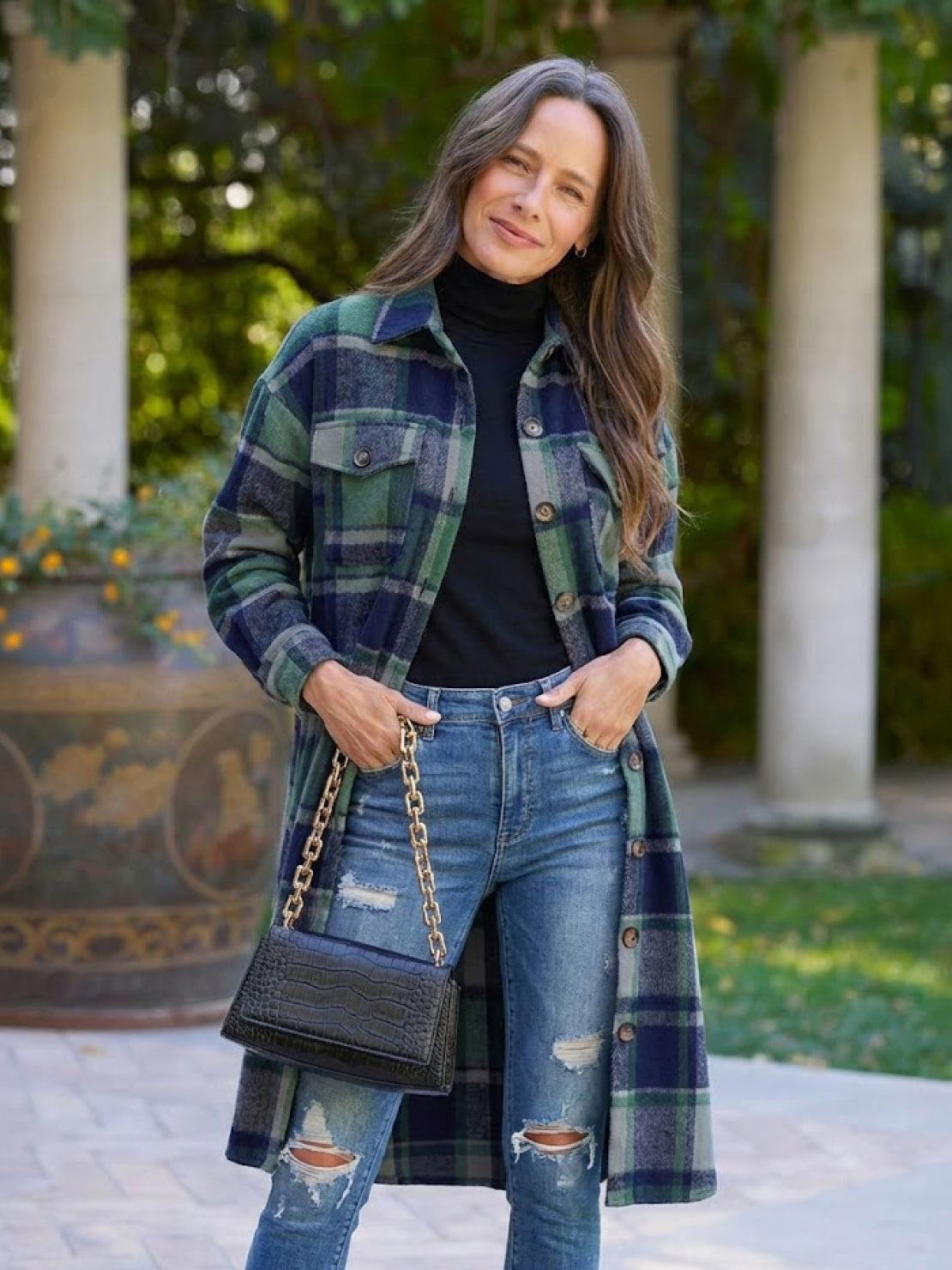 Oversized Long Plaid Shirt Jacket