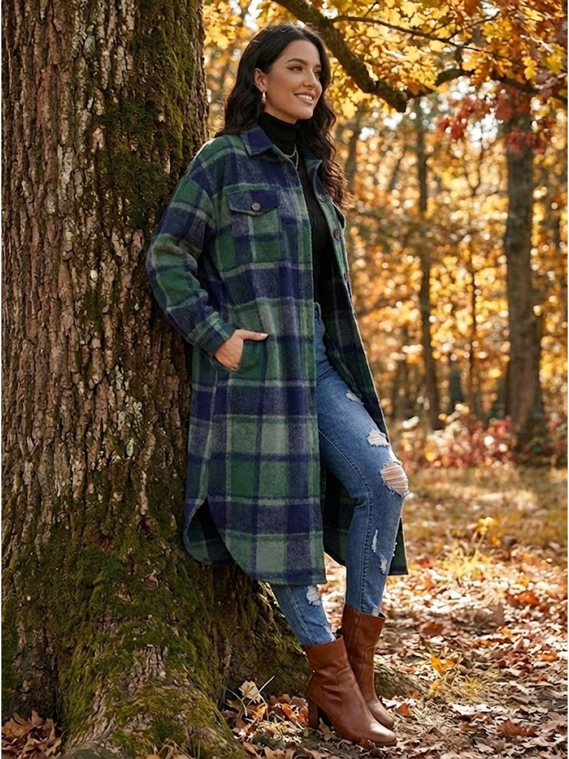 Oversized Long Plaid Shirt Jacket
