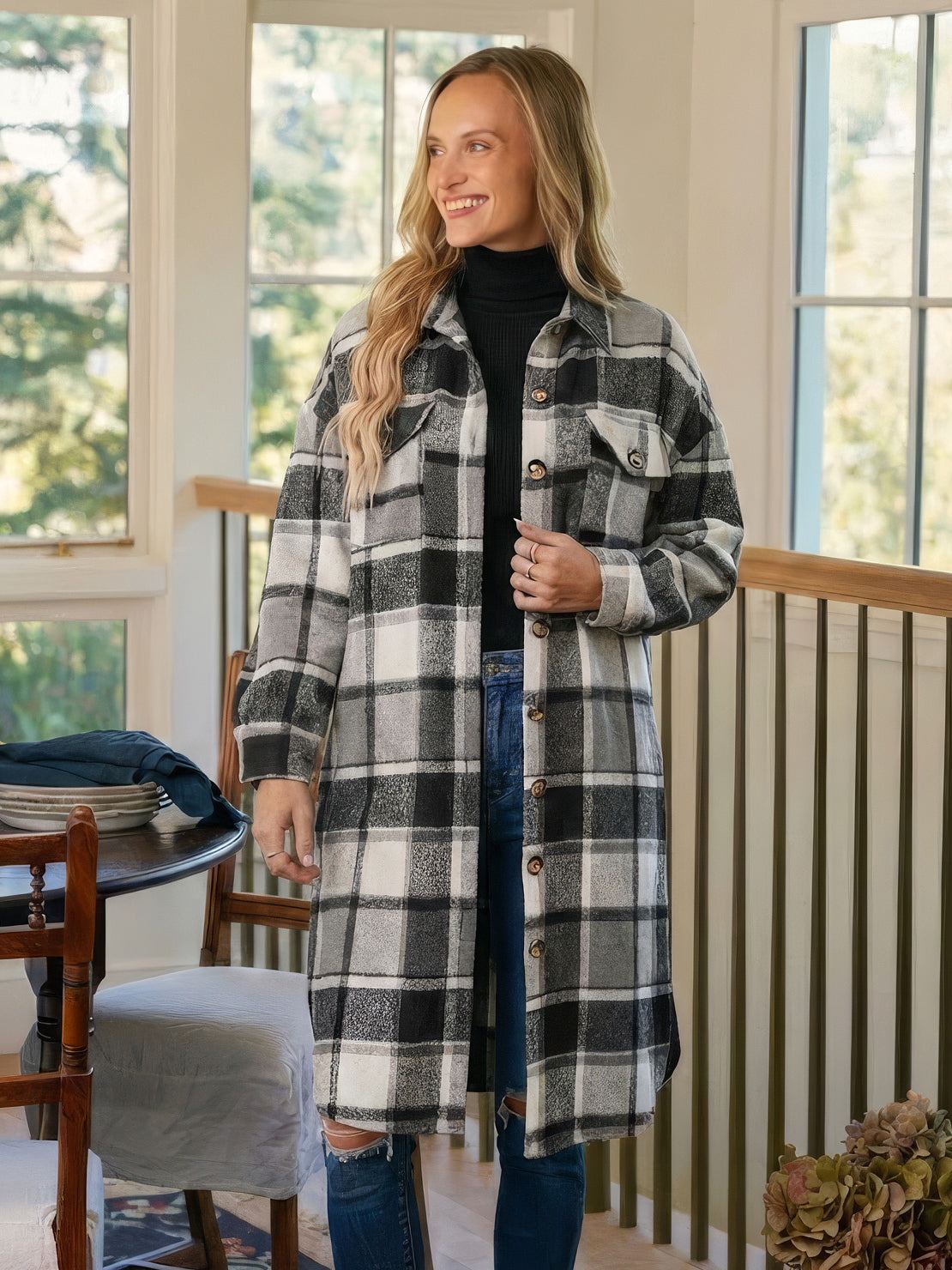 Oversized Long Plaid Shirt Jacket