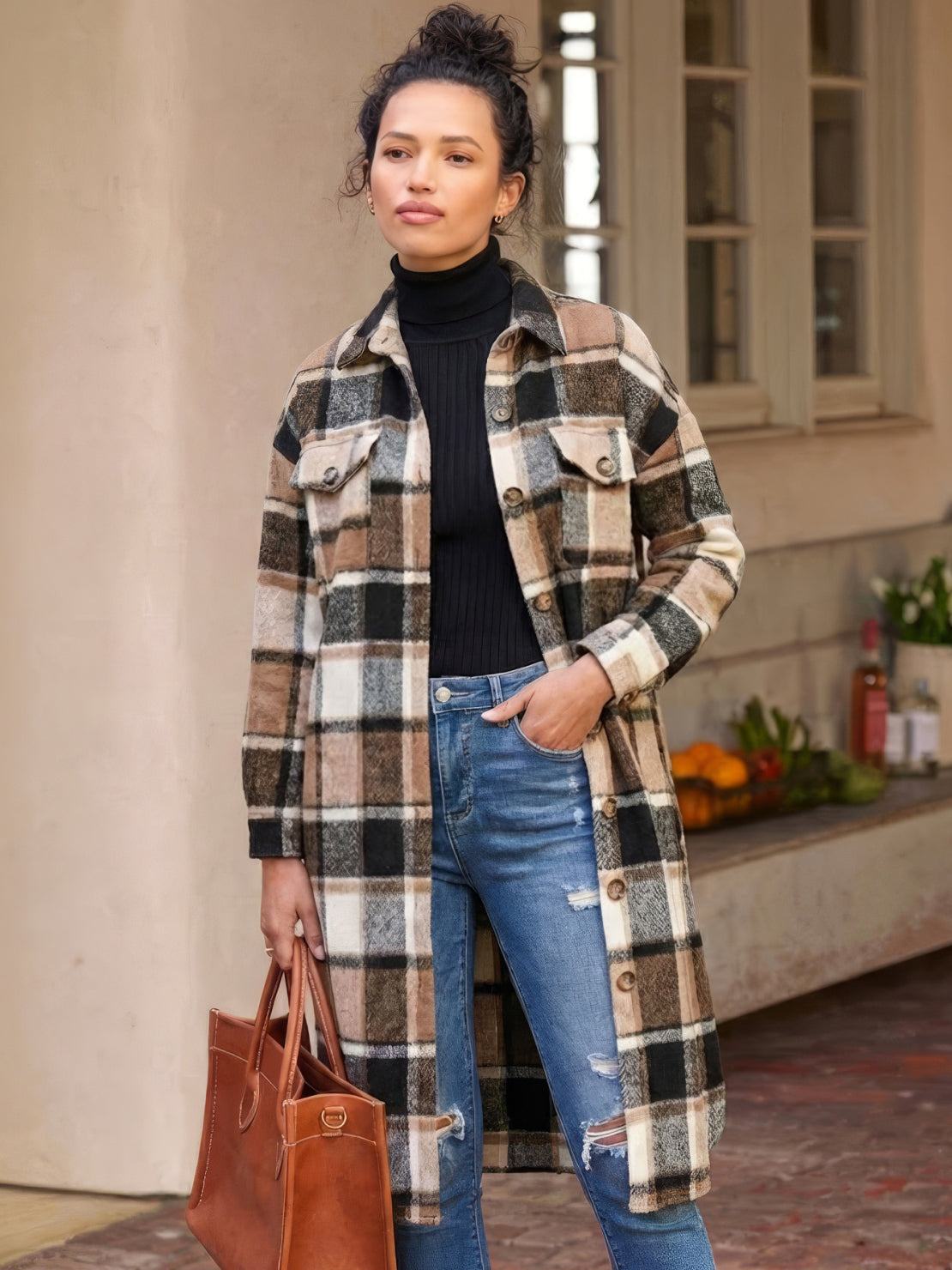 Oversized Long Plaid Shirt Jacket