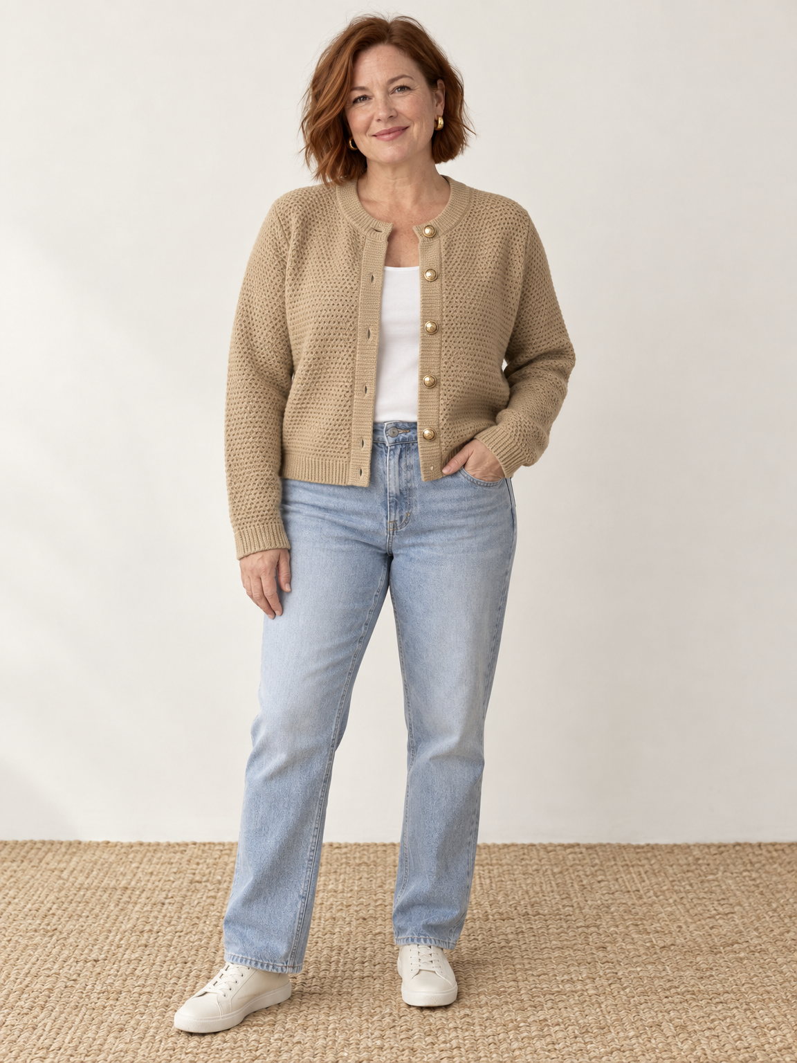 Gold Button Cropped Knit Cardigan