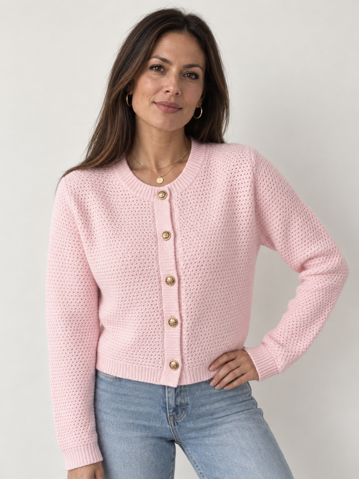 Gold Button Cropped Knit Cardigan