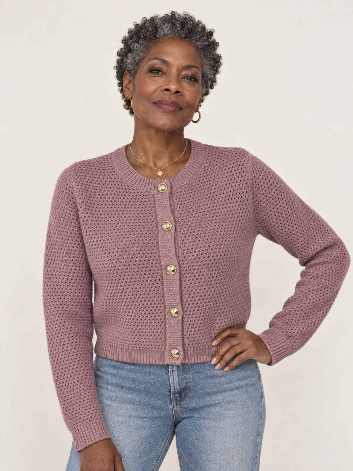 Gold Button Cropped Knit Cardigan