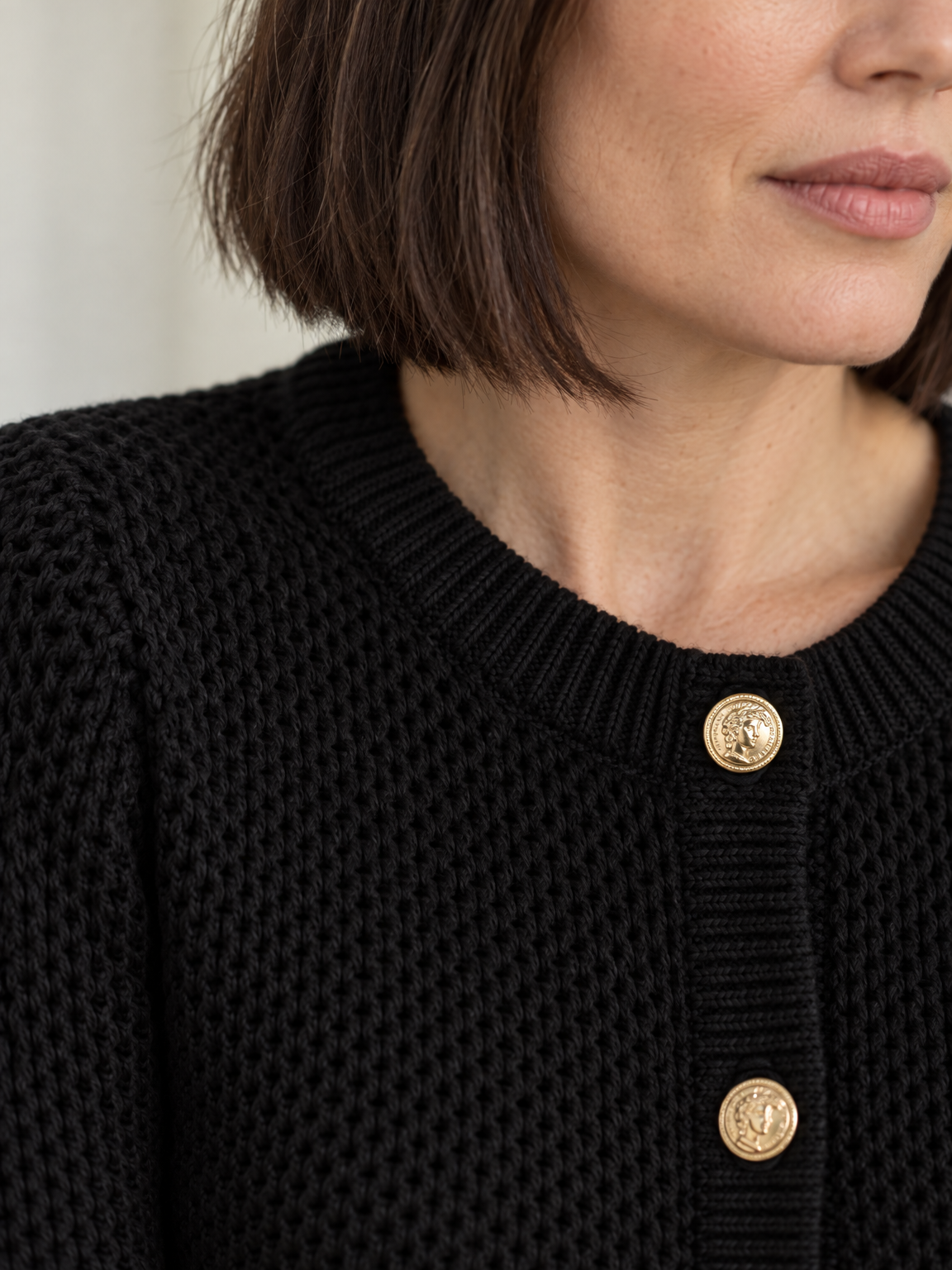 Gold Button Cropped Knit Cardigan