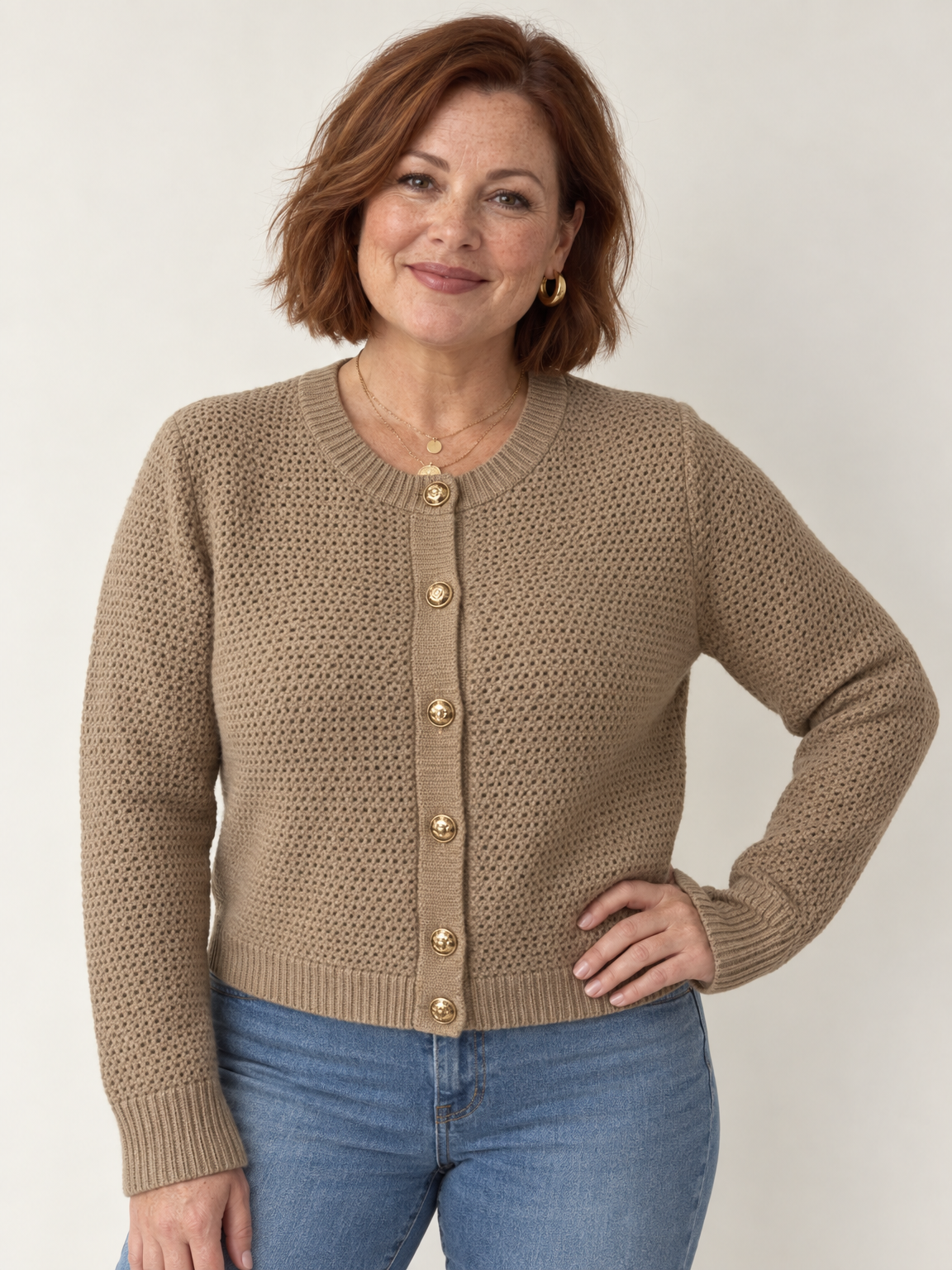 Gold Button Cropped Knit Cardigan