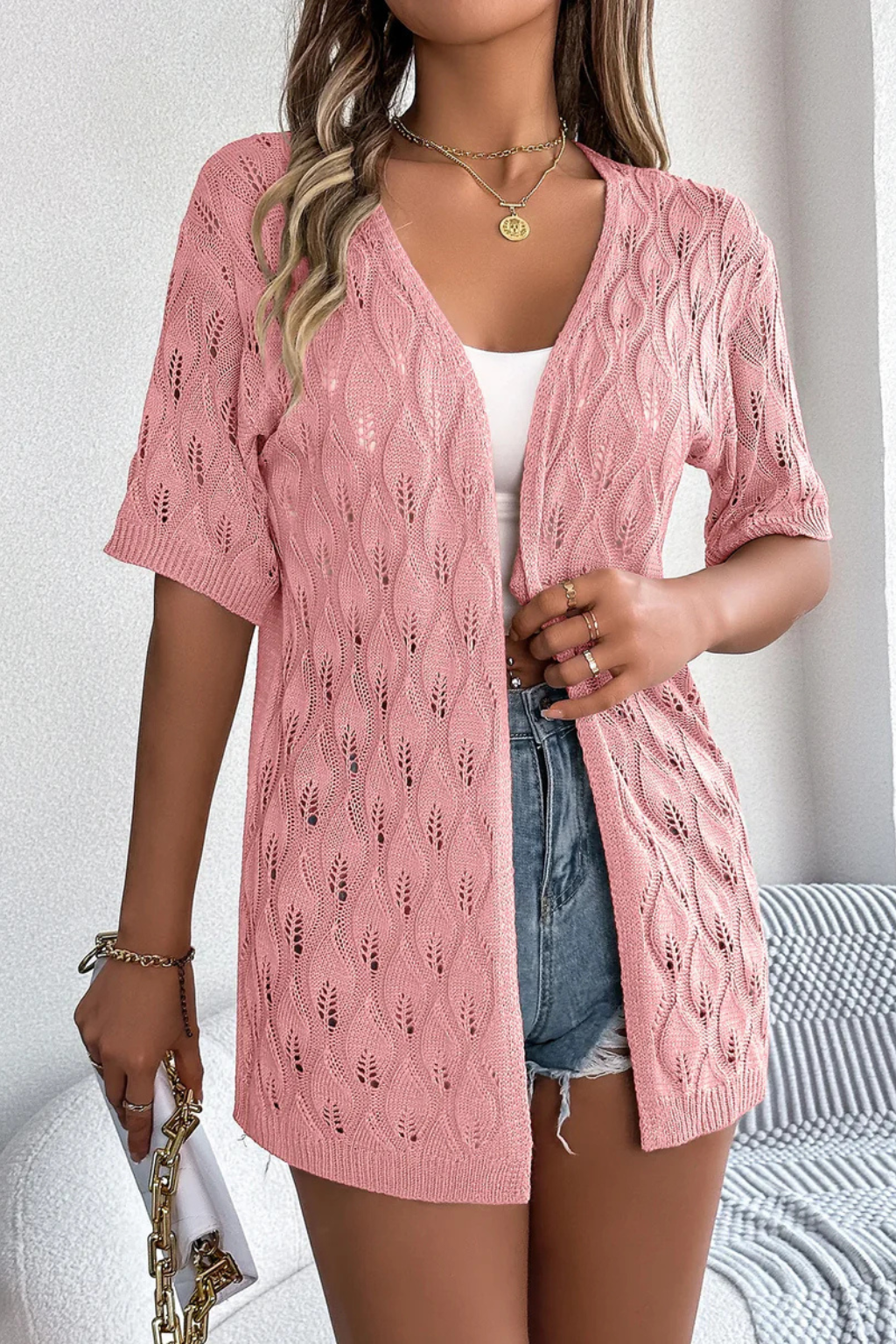Women's Short Sleeve Crochet Cardigan