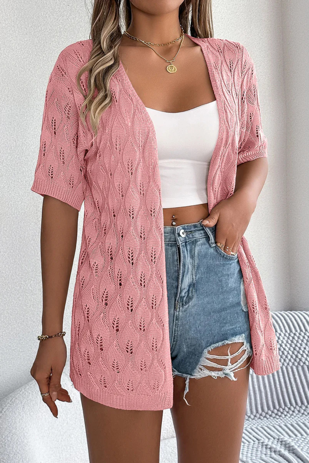 Women's Short Sleeve Crochet Cardigan