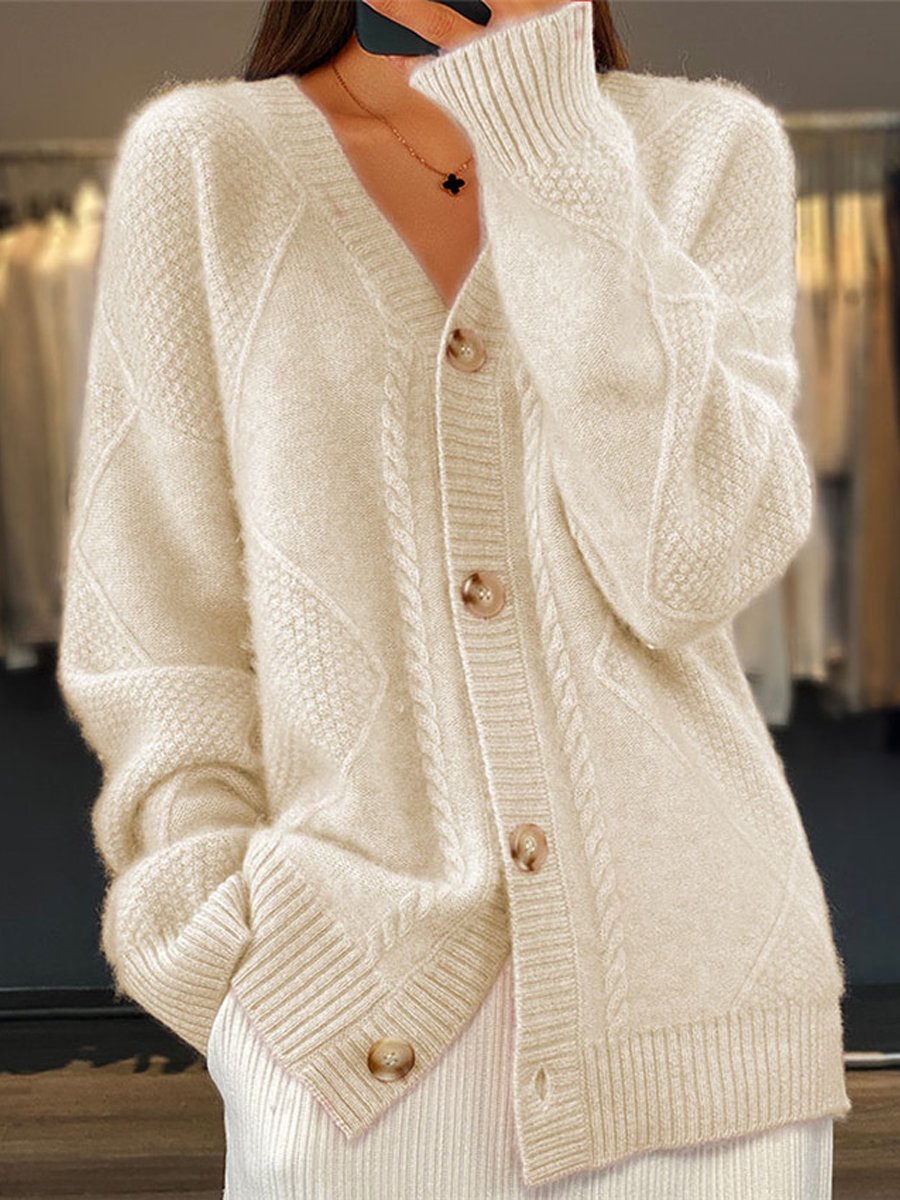 Women's V-Neck Cable Knit Cardigan Sweater – Cozy Button Front