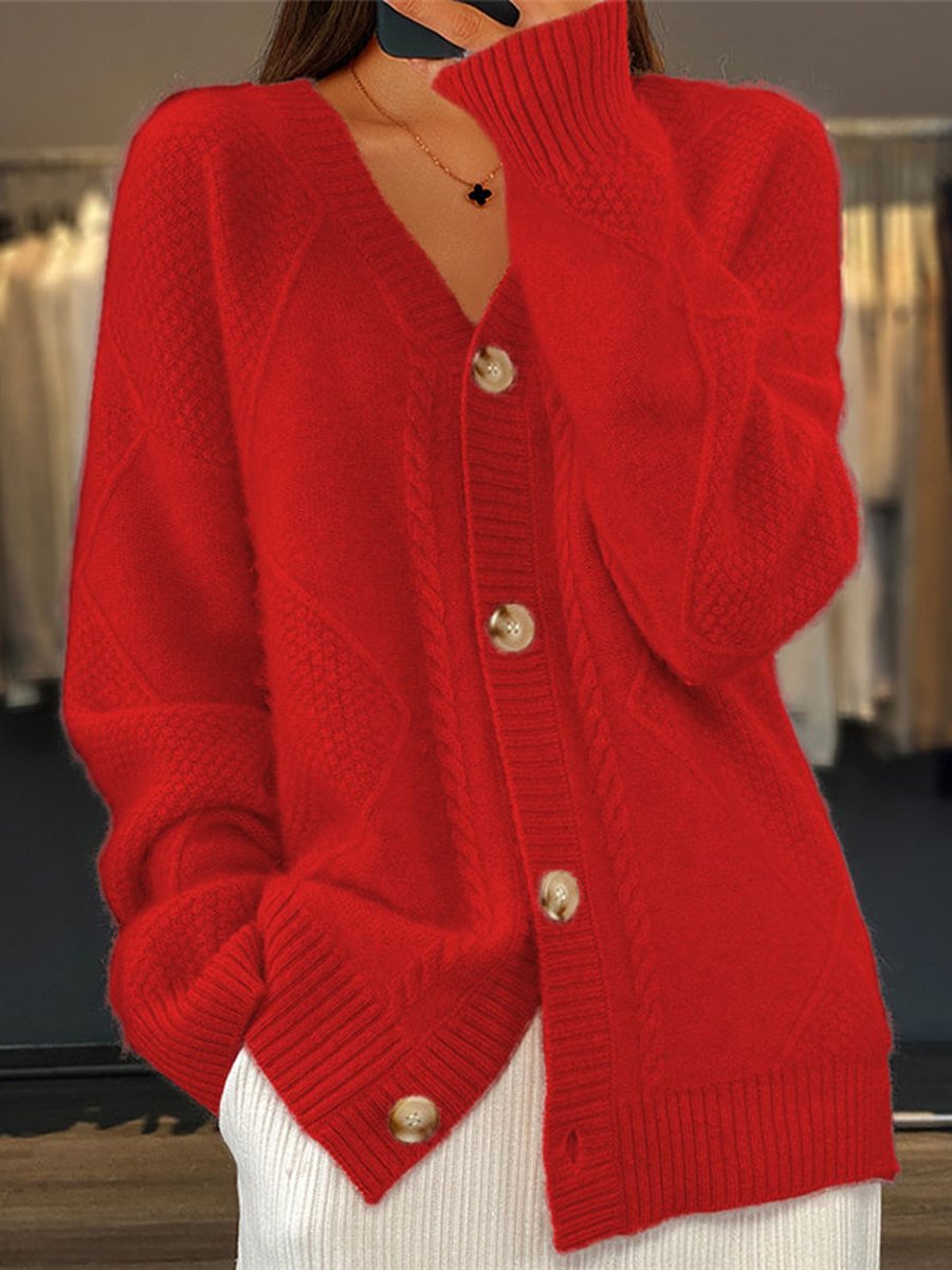 Women's V-Neck Cable Knit Cardigan Sweater – Cozy Button Front