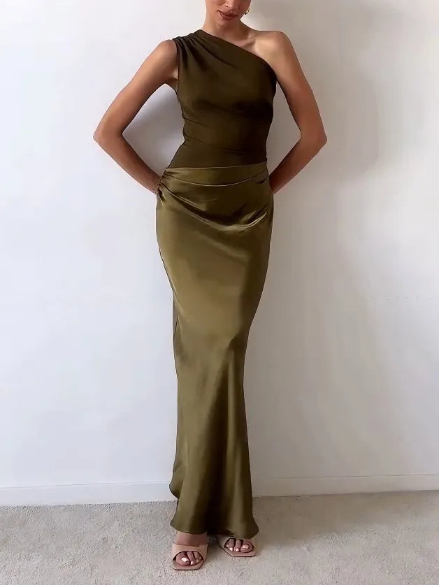 One Shoulder Maxi Dress - Elegant Pleated Evening Gown