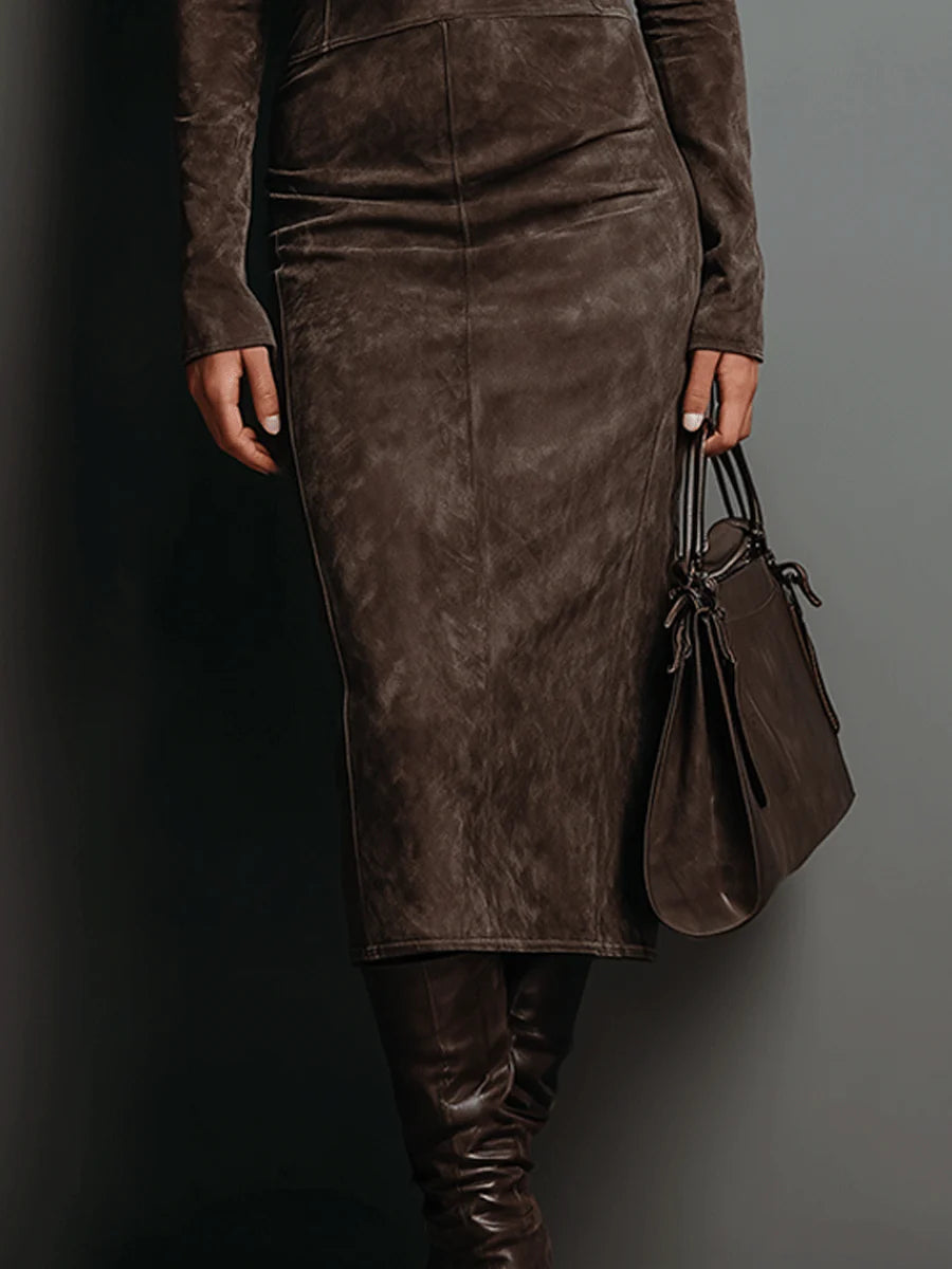 Hadley | High Neck Long Sleeve Suede Midi Dress