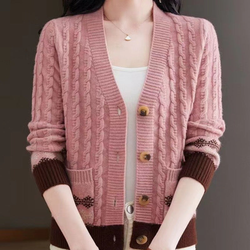 Cable Knit Cardigan with Fair Isle Trim and V-Neckline