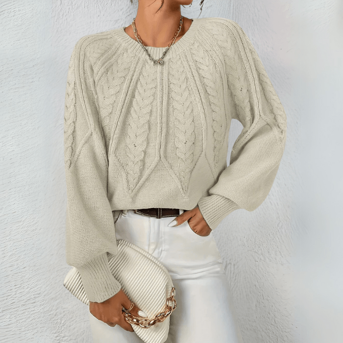 Cable Knit Sweater with Puff Sleeves and Round Neckline