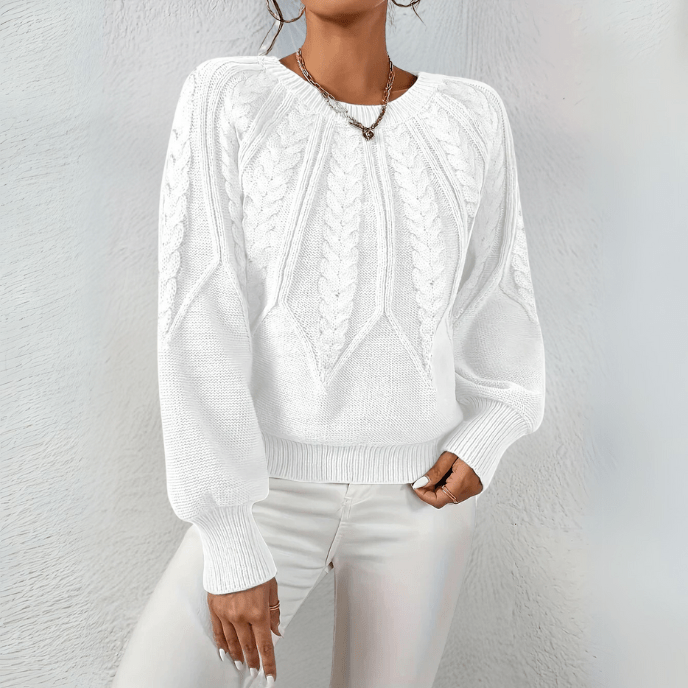 Cable Knit Sweater with Puff Sleeves and Round Neckline