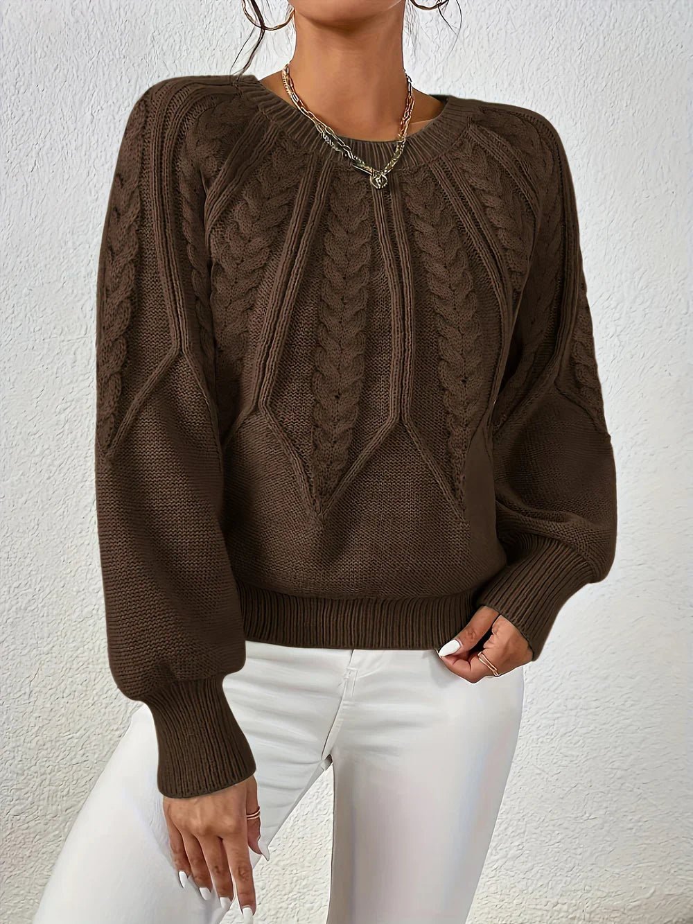 Cable Knit Sweater with Puff Sleeves and Round Neckline