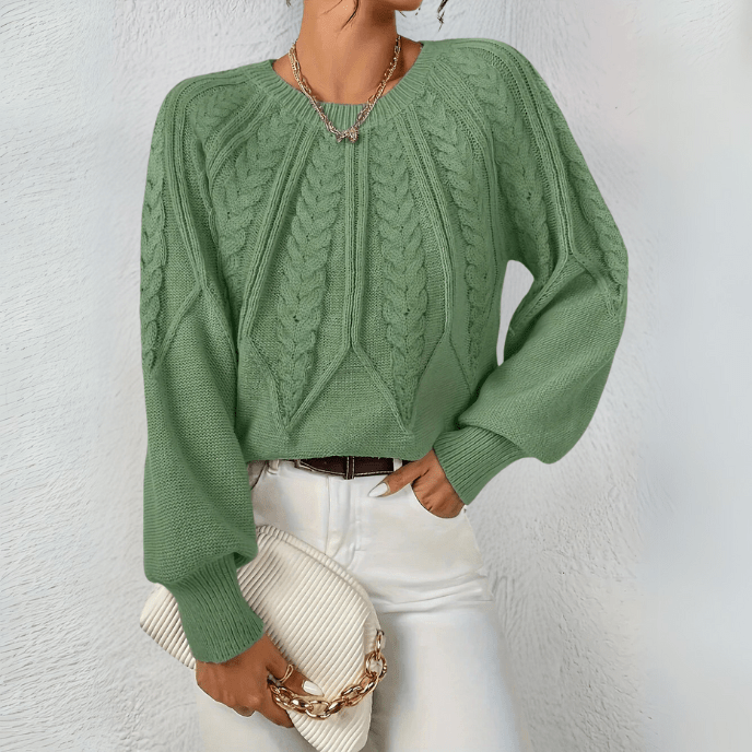 Cable Knit Sweater with Puff Sleeves and Round Neckline