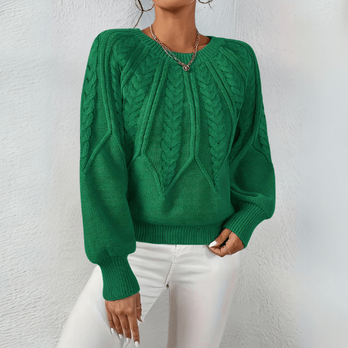 Cable Knit Sweater with Puff Sleeves and Round Neckline