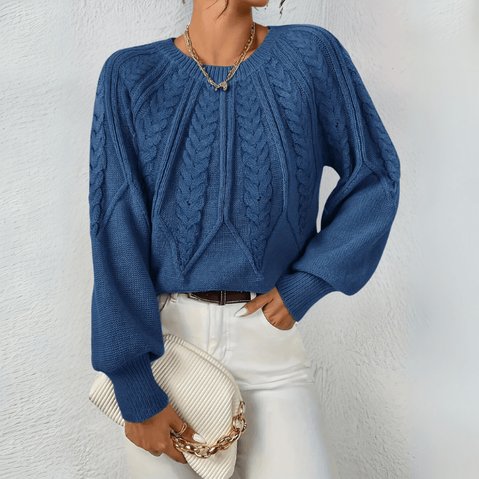 Cable Knit Sweater with Puff Sleeves and Round Neckline