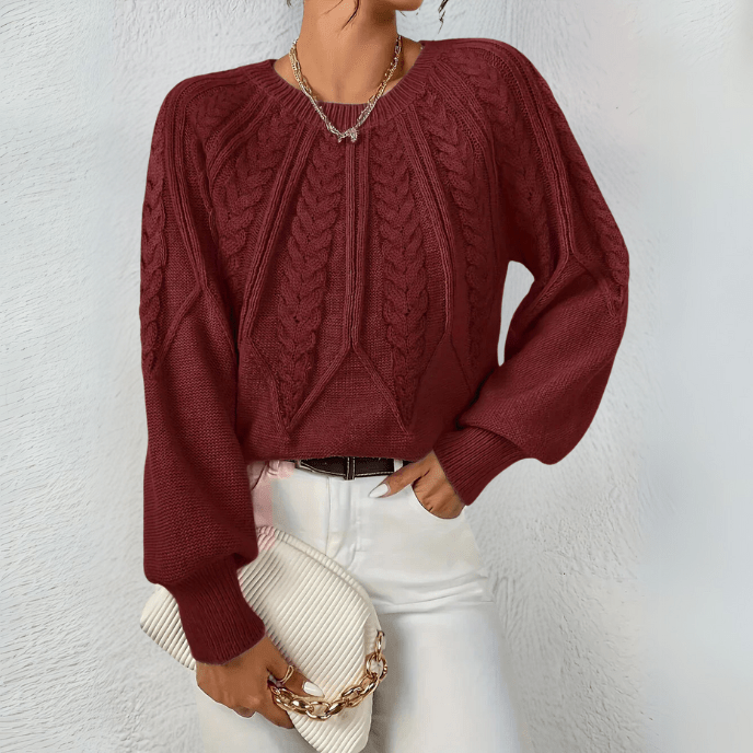 Cable Knit Sweater with Puff Sleeves and Round Neckline