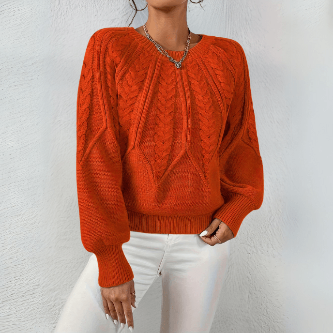 Cable Knit Sweater with Puff Sleeves and Round Neckline