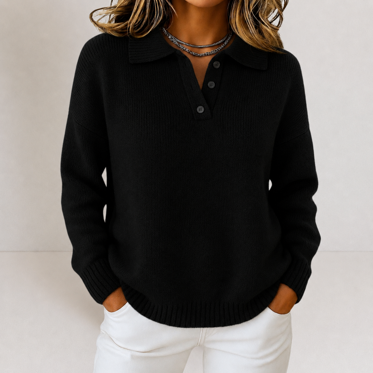 Knit Sweater with Polo Collar and Button Placket