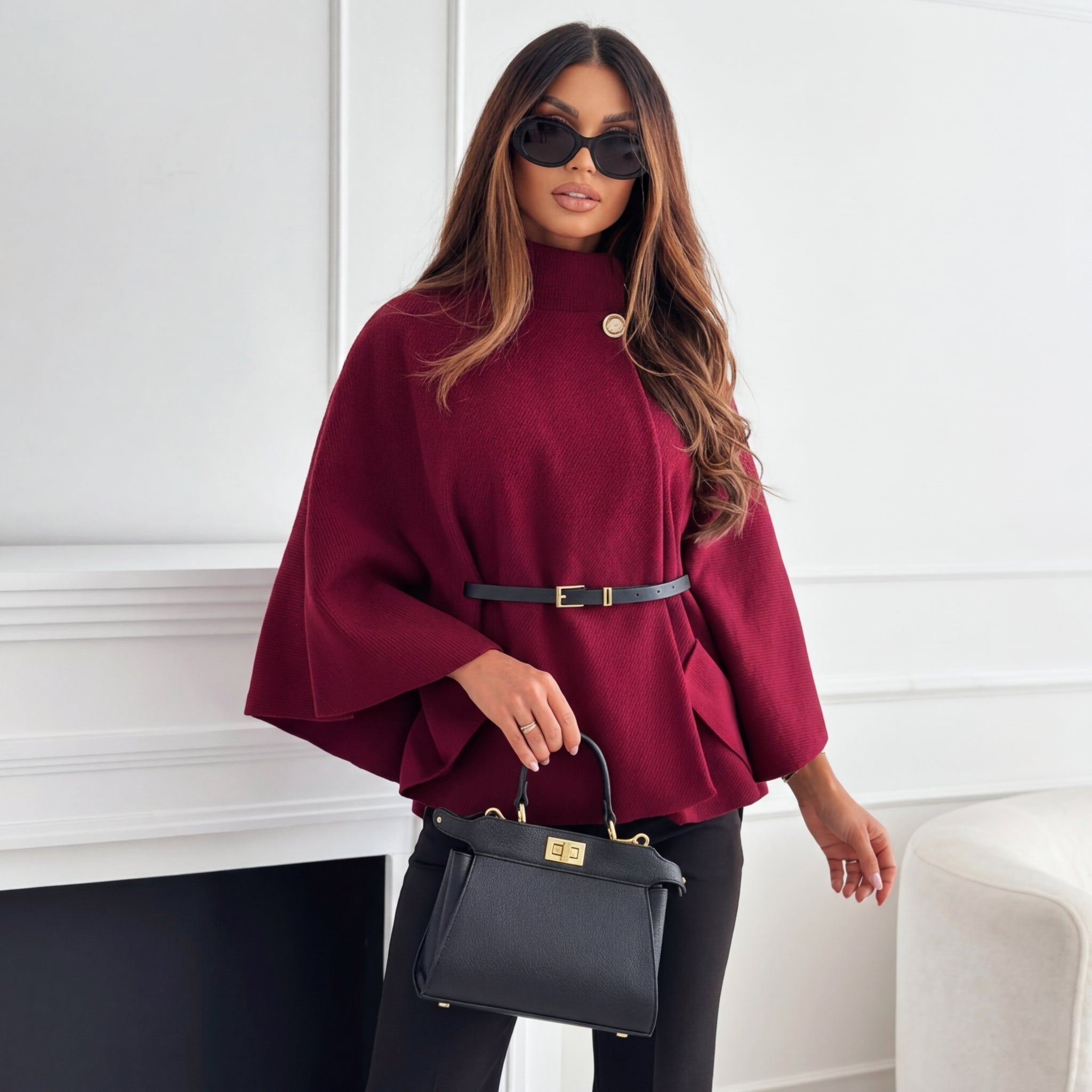 Chic Cape Sleeve Knit Sweater with High Neck and Gold Button