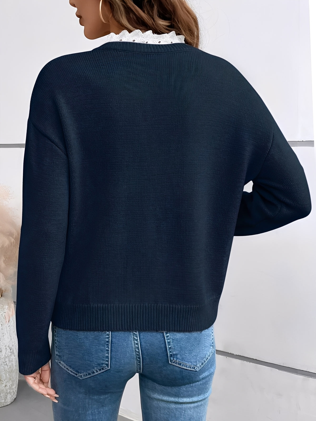 Classic Soft Knit Sweater with Lace Trim V-Neckline