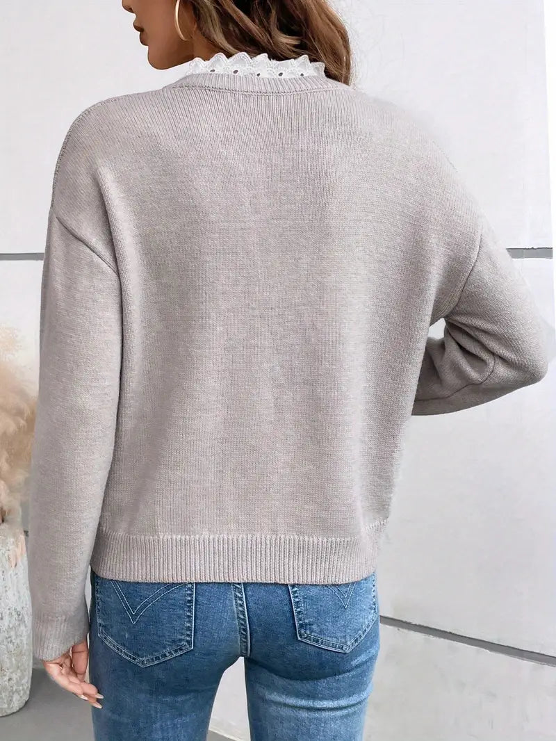 Classic Soft Knit Sweater with Lace Trim V-Neckline