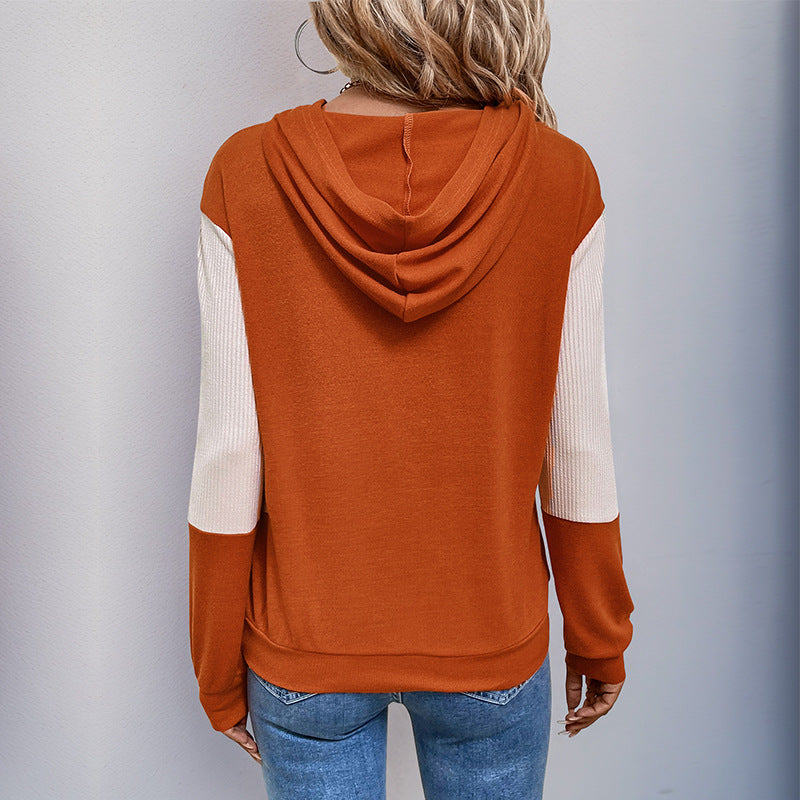 Colour Block Hoodie with V-Neck and Ribbed Contrast Sleeves