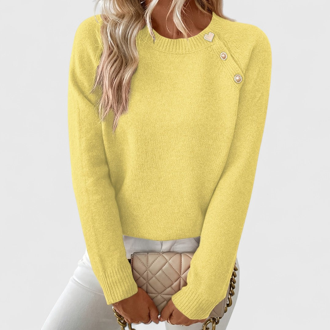 Crew Neck Knit Sweater with Pearl Button Shoulder Detail
