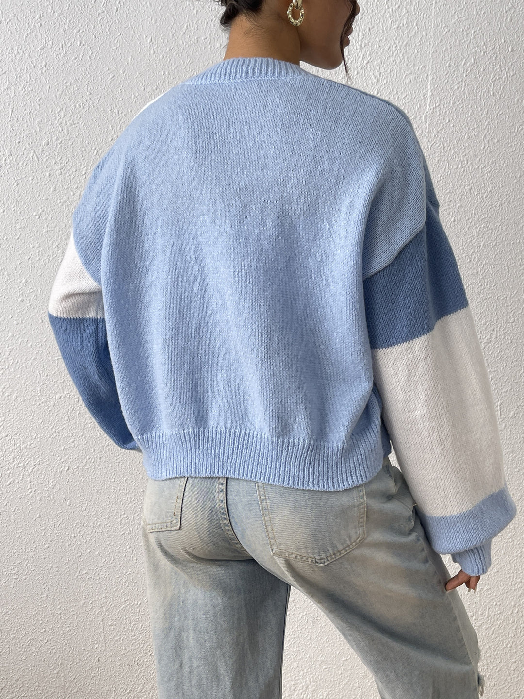 Cropped Colour Block Cardigan with Open Front and Ribbed Cuffs