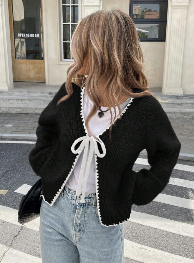 Cropped Knit Cardigan with Bow Tie and Contrast Trim
