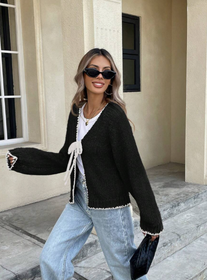 Cropped Knit Cardigan with Bow Tie and Contrast Trim