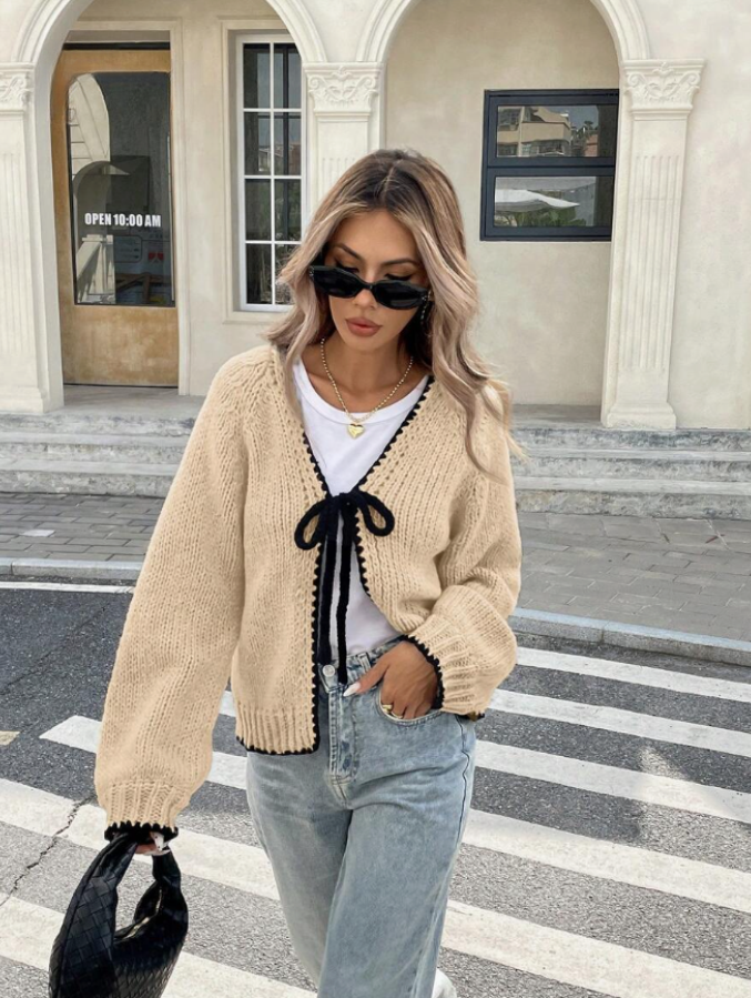 Cropped Knit Cardigan with Bow Tie and Contrast Trim