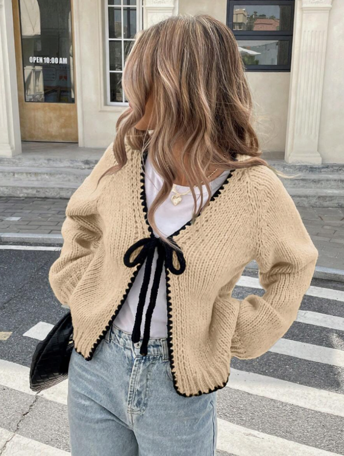Cropped Knit Cardigan with Bow Tie and Contrast Trim