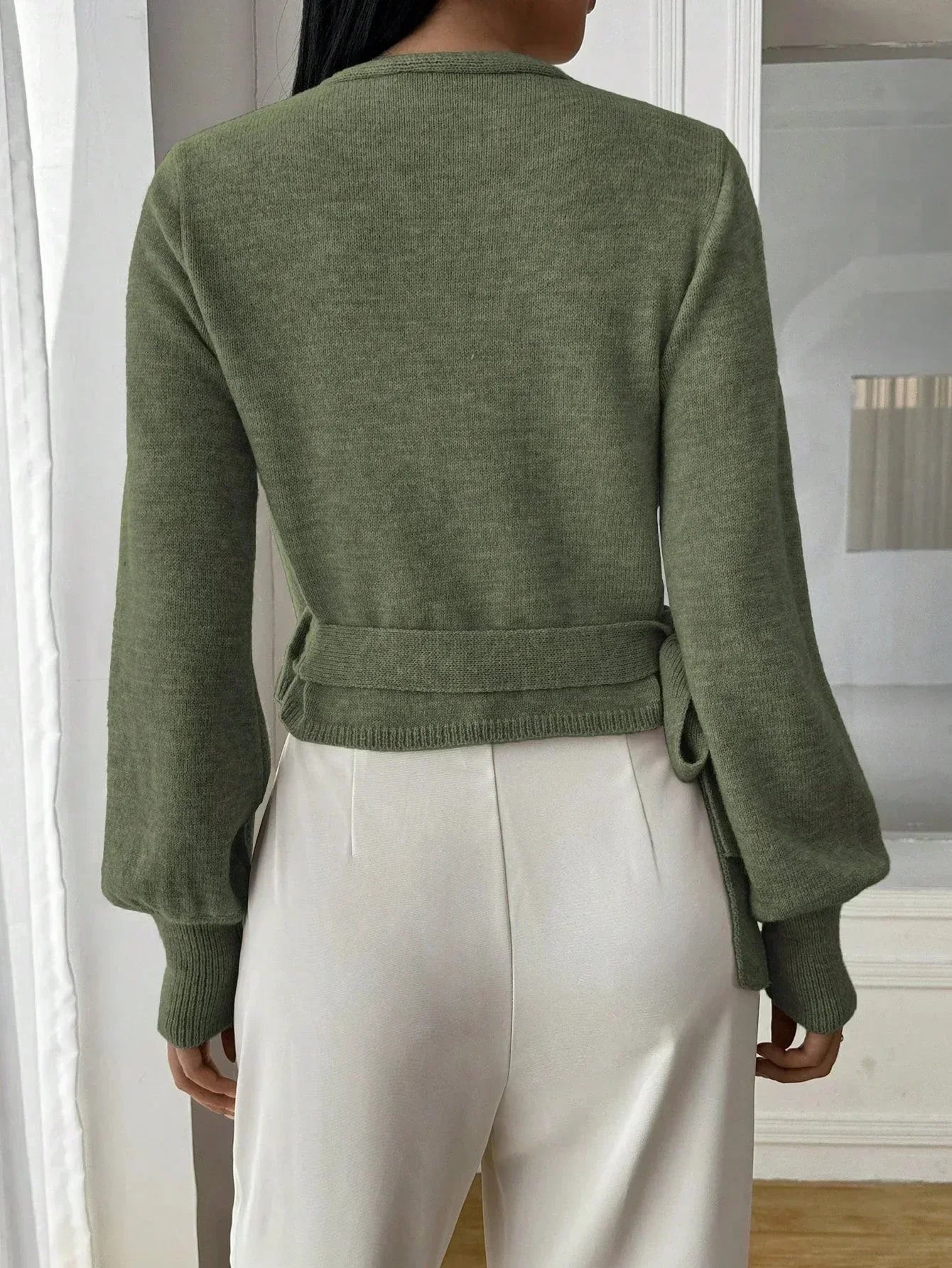Cropped Wrap Knit Sweater with Tie Waist and V-Neckline