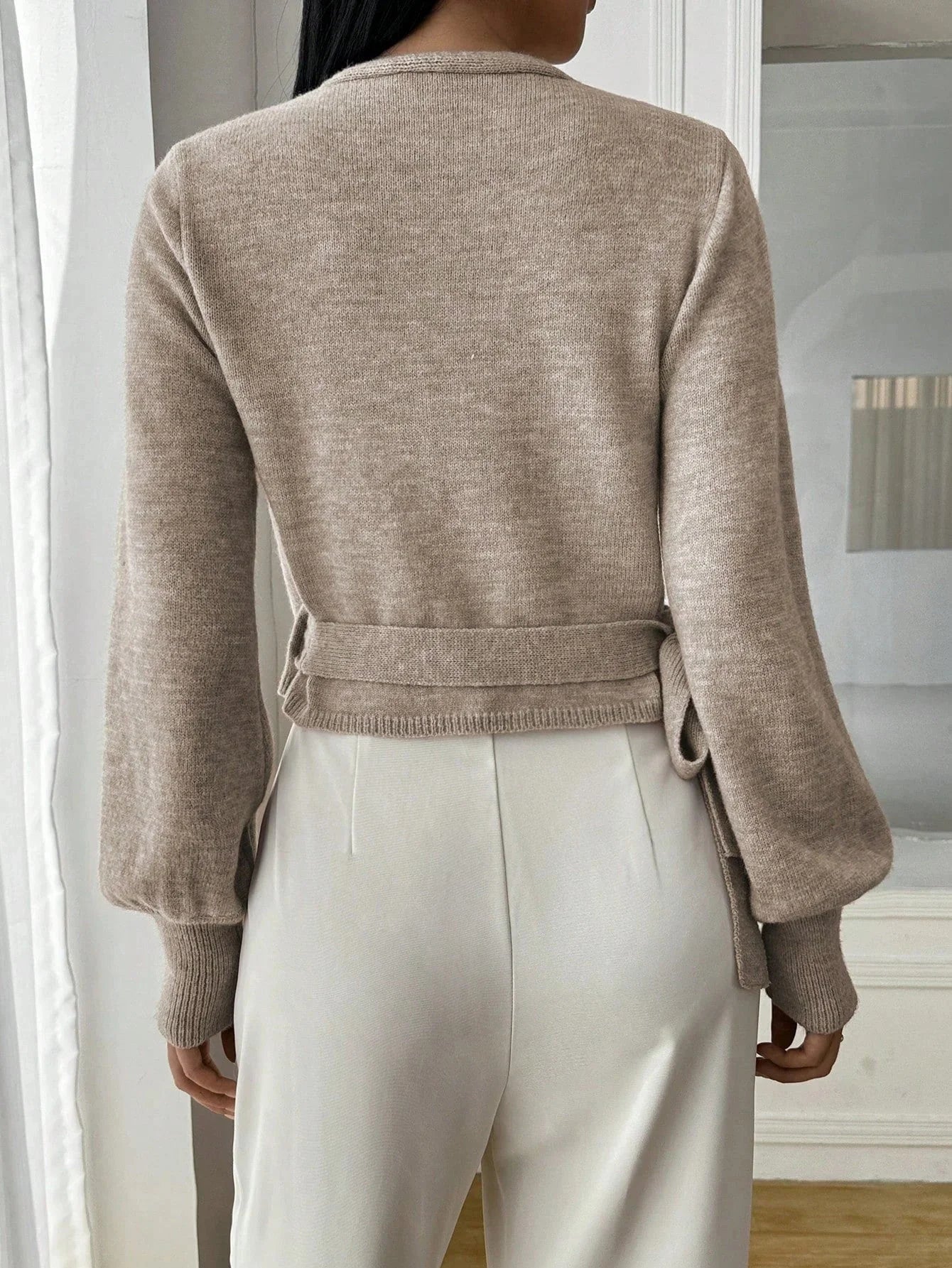 Cropped Wrap Knit Sweater with Tie Waist and V-Neckline