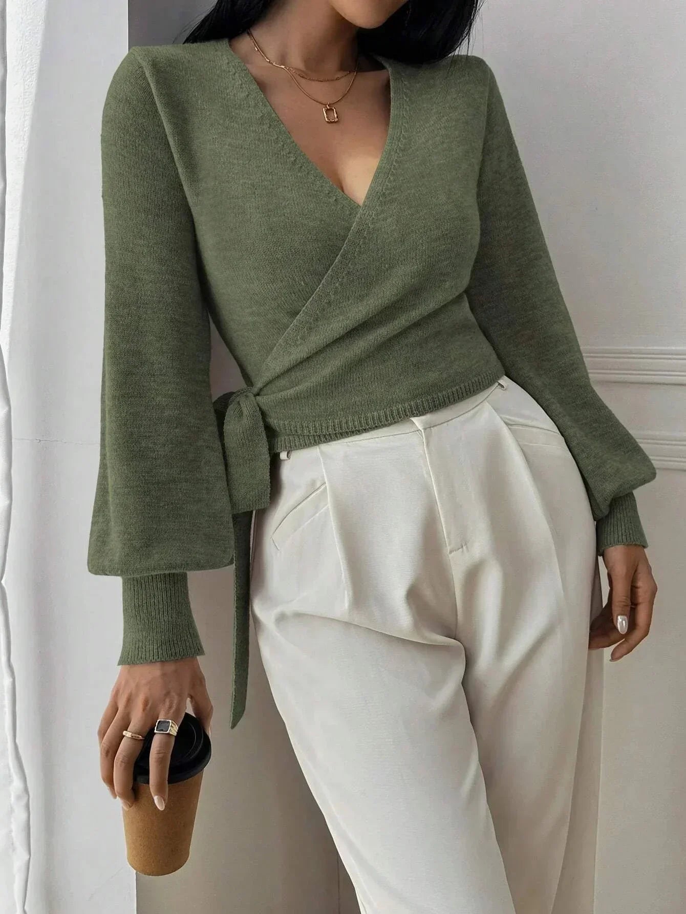 Cropped Wrap Knit Sweater with Tie Waist and V-Neckline