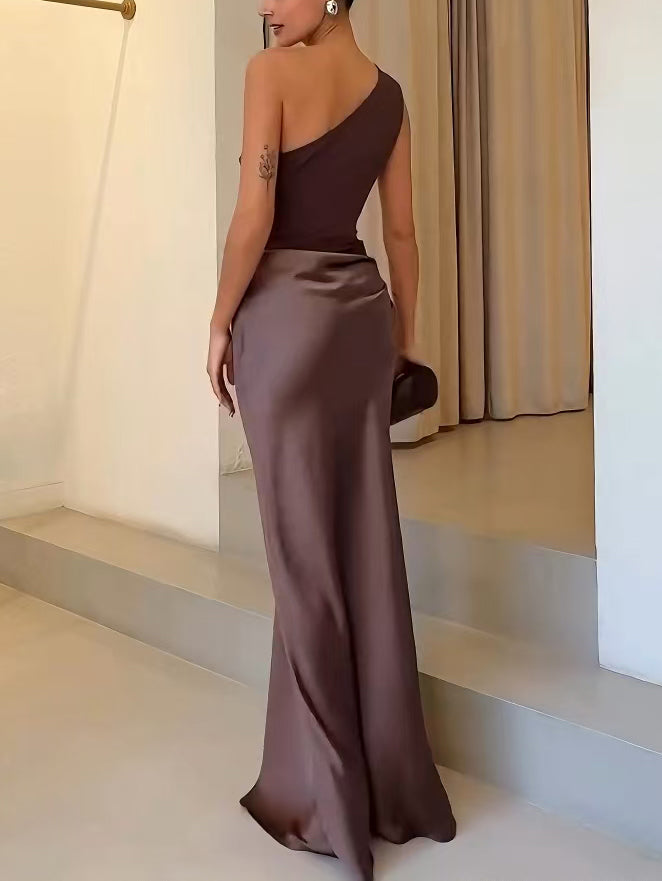 One Shoulder Maxi Dress - Elegant Pleated Evening Gown
