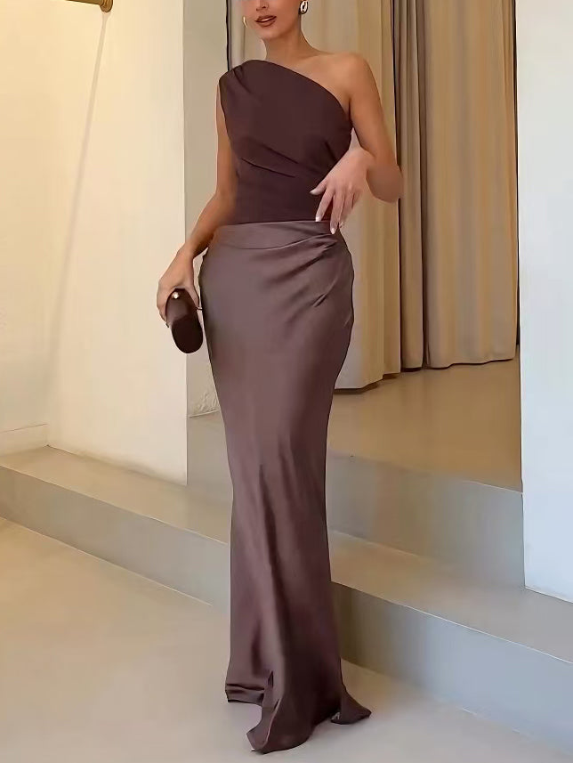 One Shoulder Maxi Dress - Elegant Pleated Evening Gown