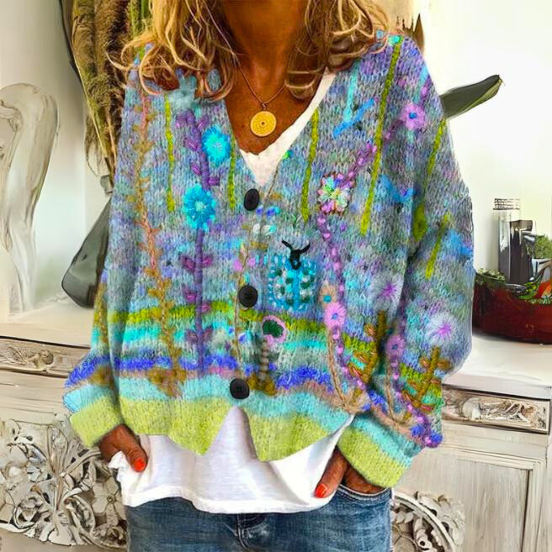 Floral Embroidered Knit Cardigan with V-Neckline