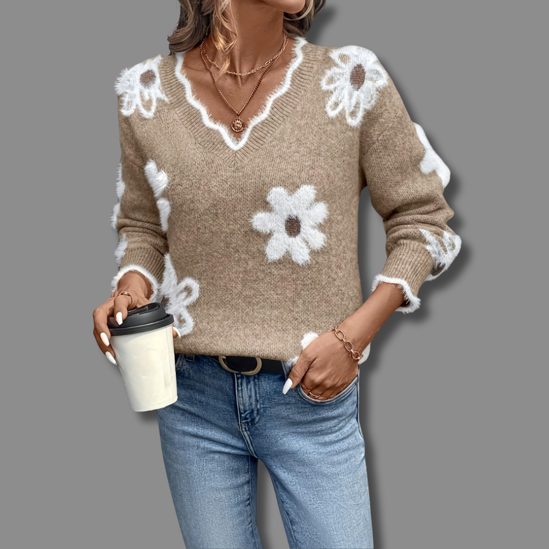 Floral Knit Sweater with V-Neckline and Daisy Print