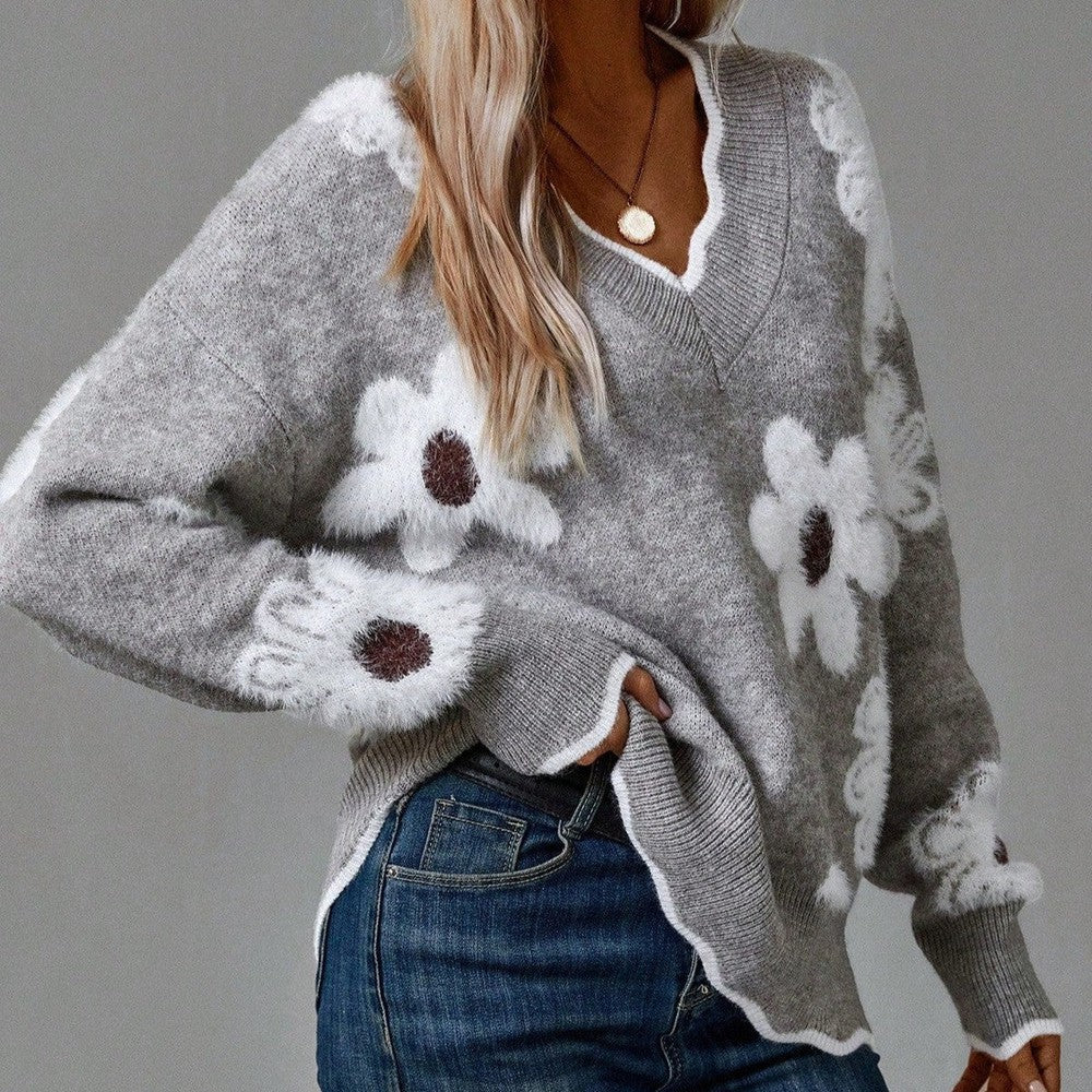 Floral Knit Sweater with V-Neckline and Daisy Print