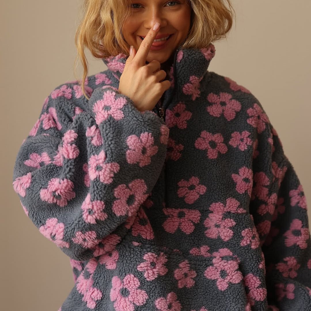 Oversized Floral Teddy Fleece Jacket with Half Zip