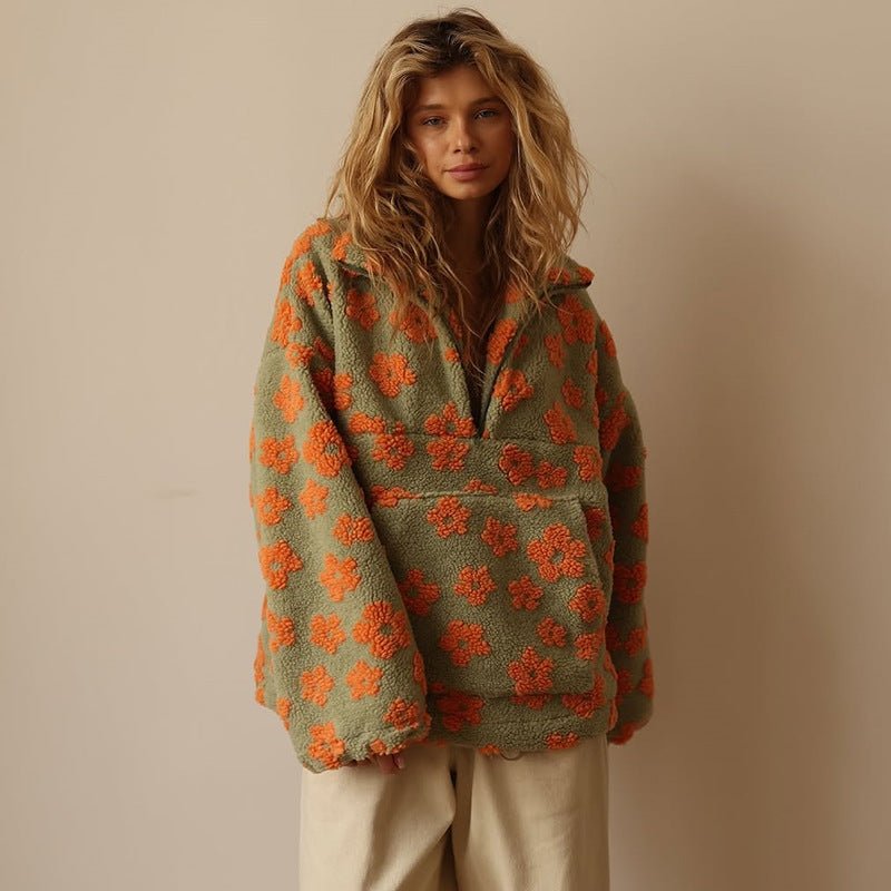 Oversized Floral Teddy Fleece Jacket with Half Zip